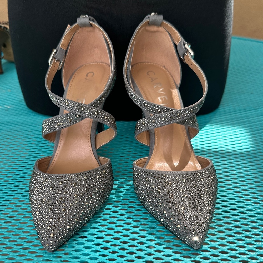 Gorgeous Carvela Gunmetal Crystal Cross Strap Pointed Toe Heels EU 38.5 or US 8